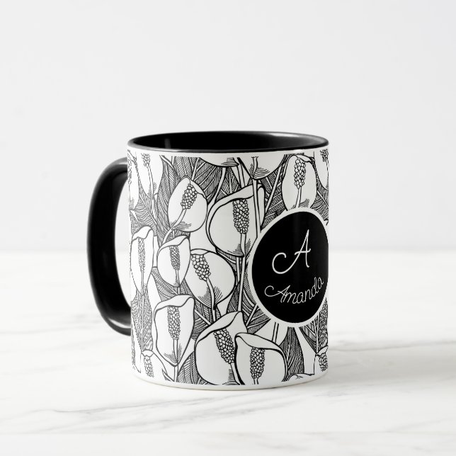Black And White Romantic Peace Lily  Mug (Front Left)
