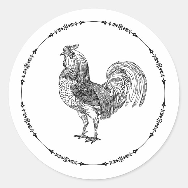 Black and White Rooster Classic Round Sticker (Front)