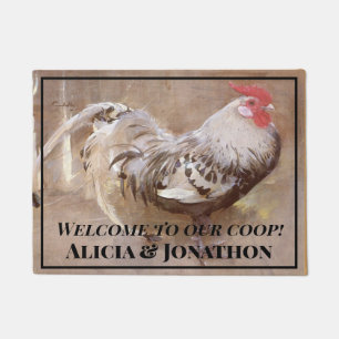 Black and White Rooster "Welcome to Our Coop" Doormat