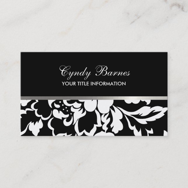 Black and White Rose Damask Business Card (Front)