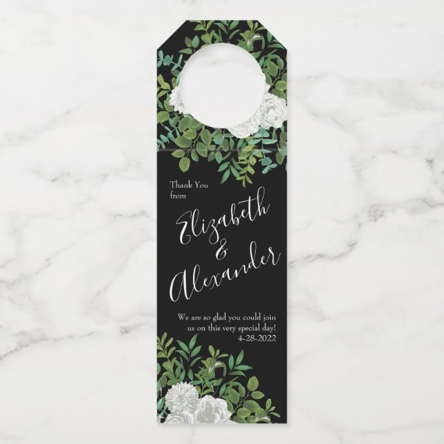 Black and White Rose Floral Wedding Bottle Tag (Front)