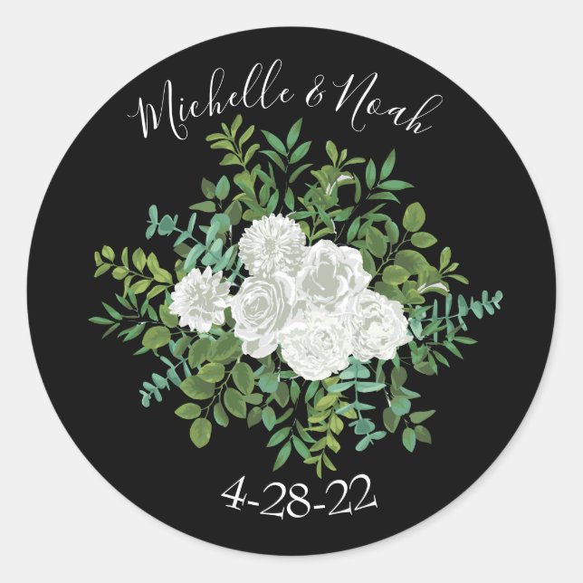 Black and White Rose Floral Wedding Classic Round Sticker (Front)