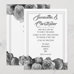 Black and white rose floral wedding invitation