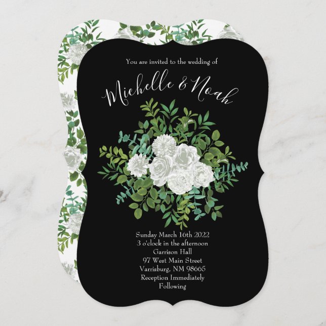 Black and White Rose Floral Wedding Invitation (Front/Back)