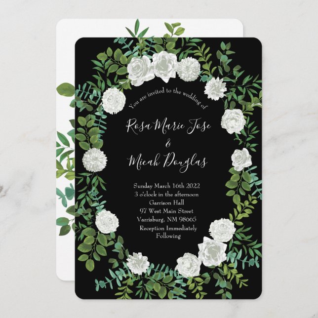 Black and White Rose Floral Wedding Invitation (Front/Back)