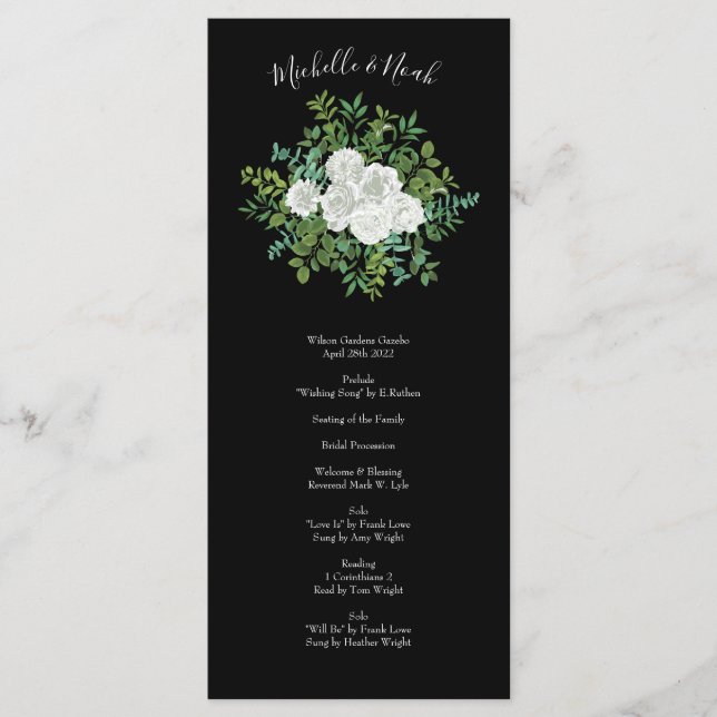 Black and White Rose Floral Wedding Menu (Front)