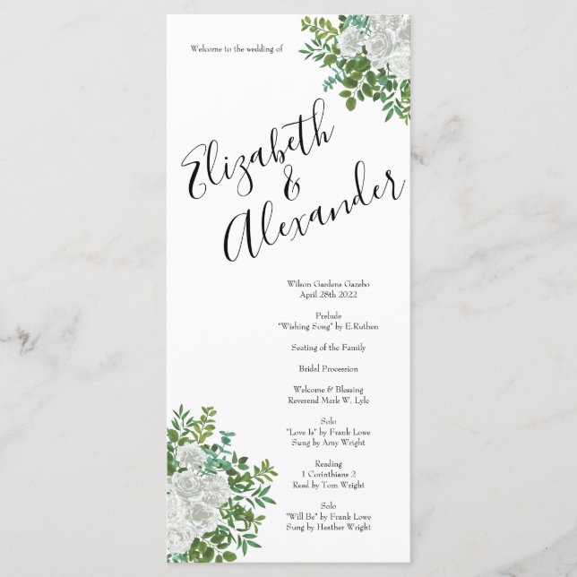 Black and White Rose Floral Wedding Menu (Front)