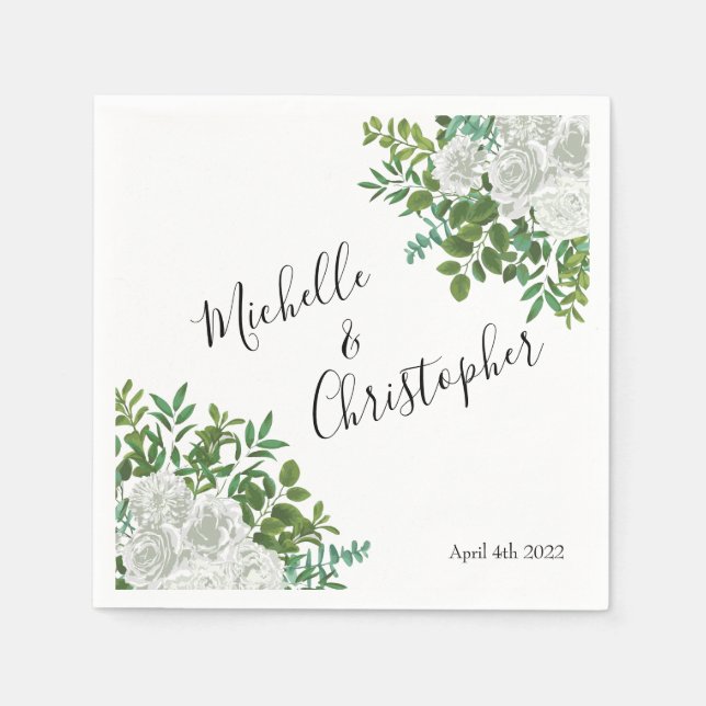 Black and White Rose Floral Wedding Napkin (Front)