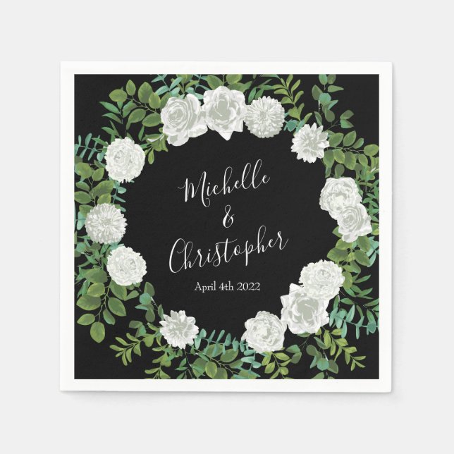 Black and White Rose Floral Wedding Napkin (Front)