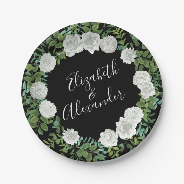 Black and White Rose Floral Wedding Paper Plate (Front)
