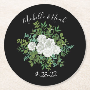 Black and White Rose Floral Wedding Round Paper Coaster
