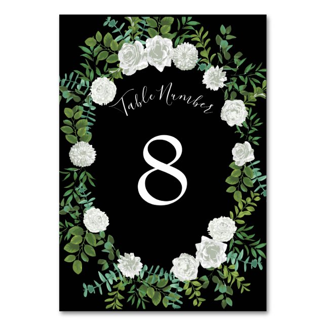 Black and White Rose Floral Wedding Table Number (Back)