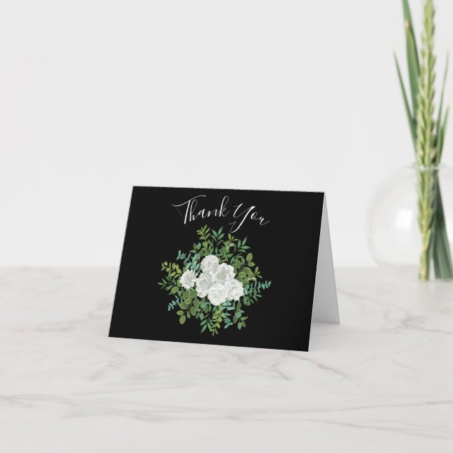 Black and White Rose Floral Wedding Thank You Card (Front)