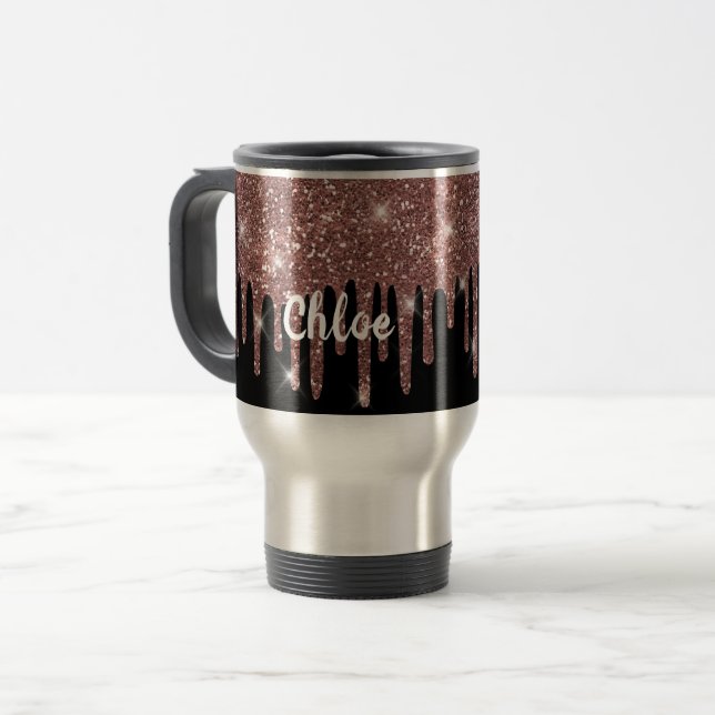 Black and White Rose Gold Glitter Travel Mug (Front Left)