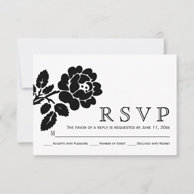 Black and white rose modern wedding RSVP (Front)