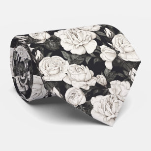 Black and White Rose Pattern Tie