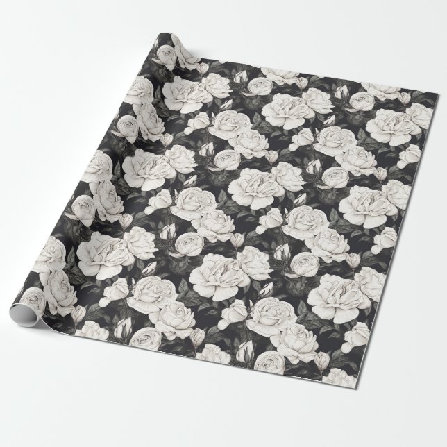 Black and White Rose Pattern Wrapping Paper (Unrolled)