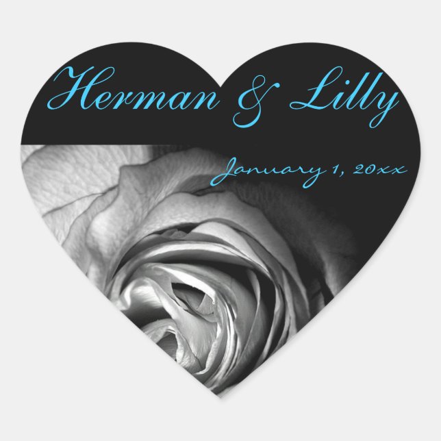 Black and White Rose Personalised Wedding Heart Sticker (Front)