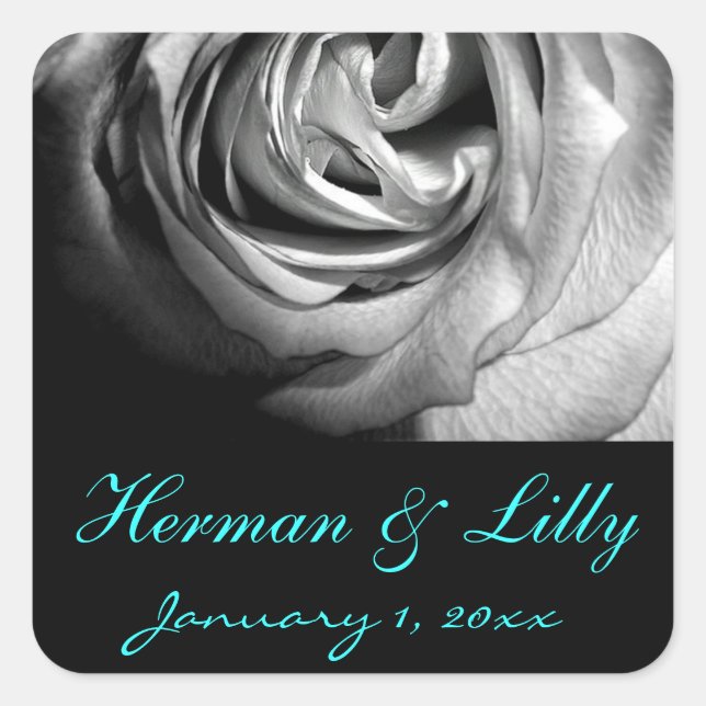 Black and White Rose Personalised Wedding Square Sticker (Front)