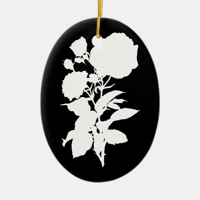 Black and White Rose Silhouette Ceramic Tree Decoration (Front)