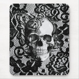 Black and white rose skull on lace background. mouse mat