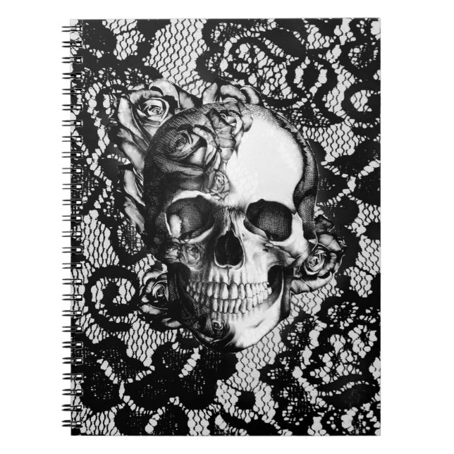 Black and white rose skull on lace background. notebook (Front)