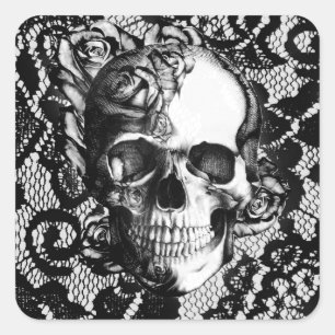 Black and white rose skull on lace background. square sticker