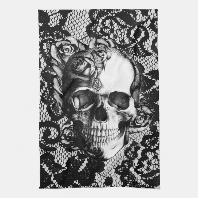 Black and white rose skull on lace background. tea towel (Vertical)