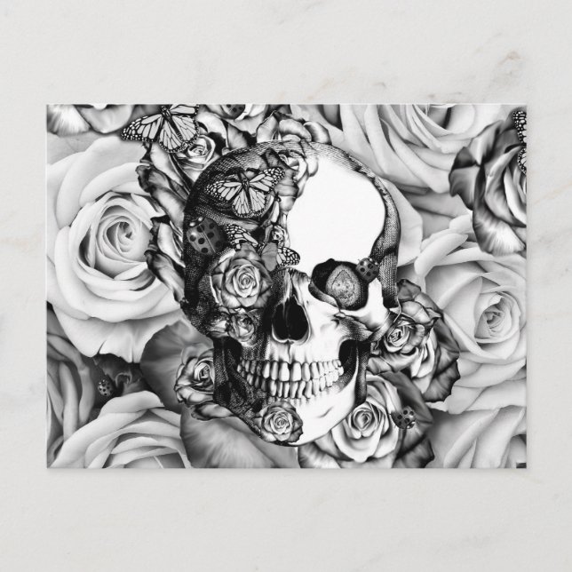 Black and white rose skull with butterflies postcard (Front)