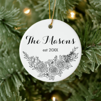Black and White Rose Wedding Christmas Ceramic Tree Decoration