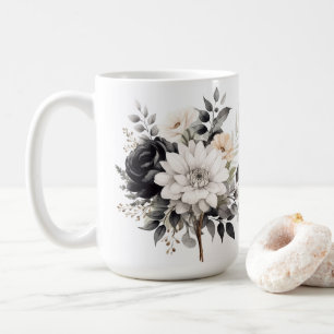 Black and White Roses and Daisies on White  Coffee Mug