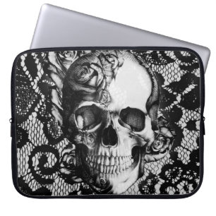 Black and white roses and lace skull laptop sleeve