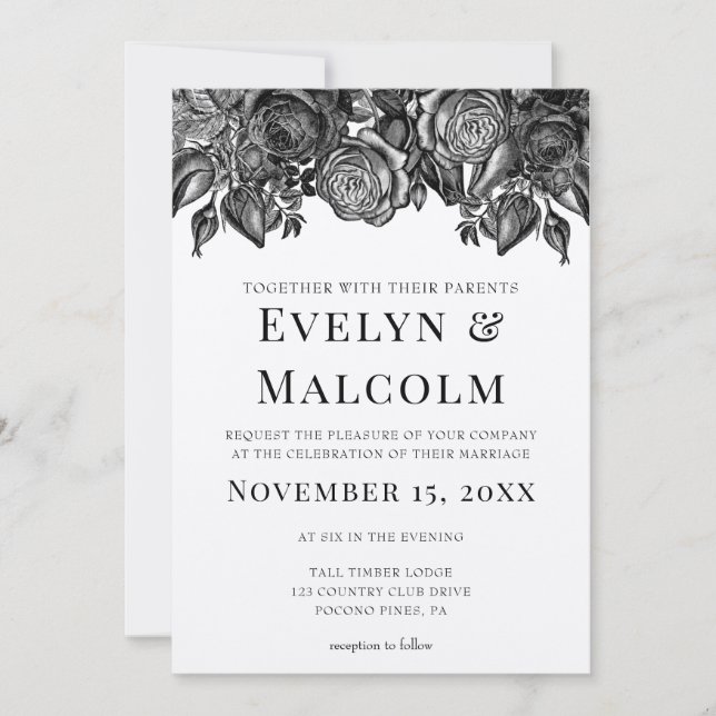 Black and White Roses Antique Engraving Wedding Invitation (Front)