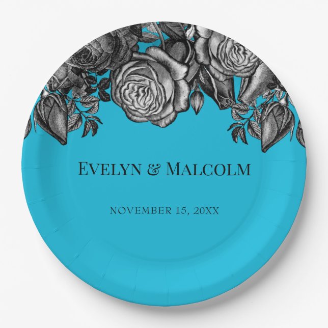 Black and White Roses Electric Blue Wedding Paper Plate (Front)