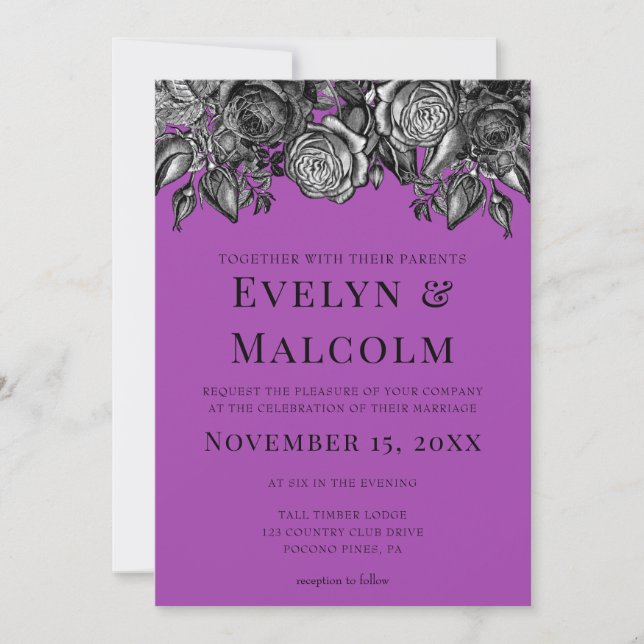 Black and White Roses Electric Purple Wedding Invitation (Front)