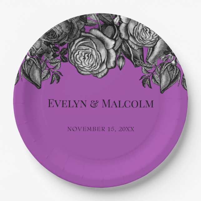 Black and White Roses Electric Purple Wedding Paper Plate (Front)