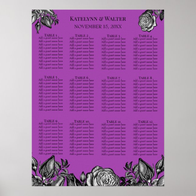 Black and White Roses Electric Purple Wedding Poster (Front)