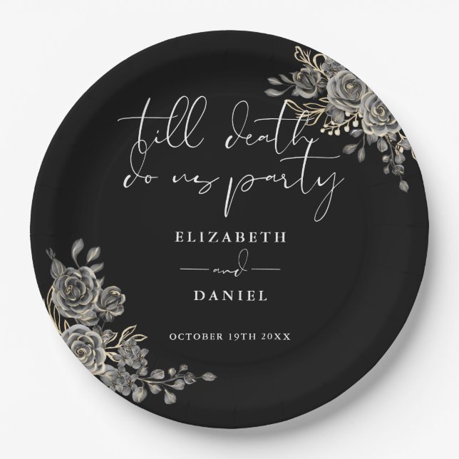 Black And White Roses Floral Gothic Wedding Paper Plate (Front)