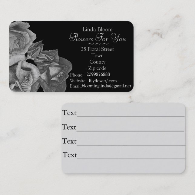 black and white roses flowers art gardener florist business card (Front/Back)