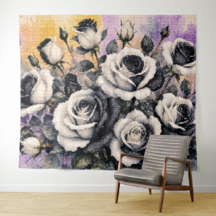 Black and White Roses Geometric Watercolor Style Tapestry