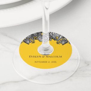 Black and White Roses Gold Goldenrod Wedding Wine Glass Tag