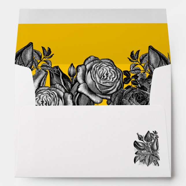 Black and White Roses Goldenrod Wedding Envelope (Back (Bottom))