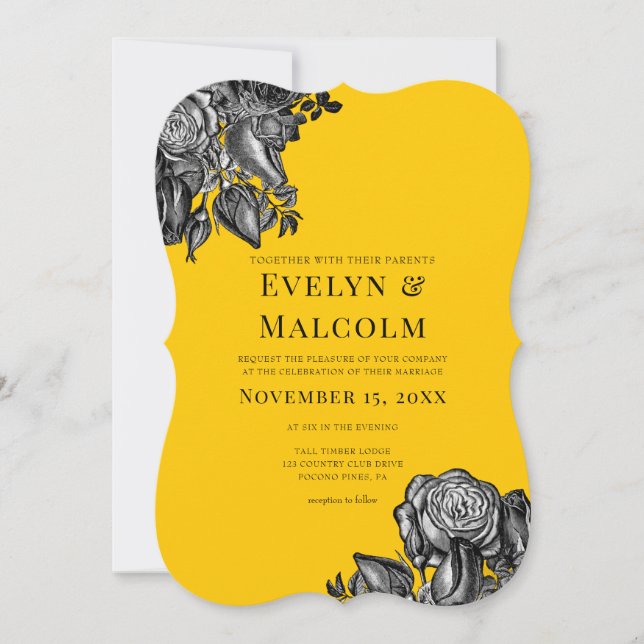 Black and White Roses Goldenrod Wedding Invitation (Front)