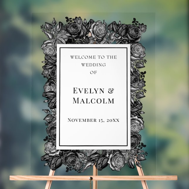 Black and White Roses Gothic Wedding Acrylic Sign (Neutral)
