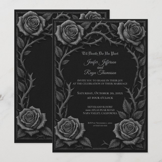 Black and white roses Gothic wedding Invitation (Front/Back)