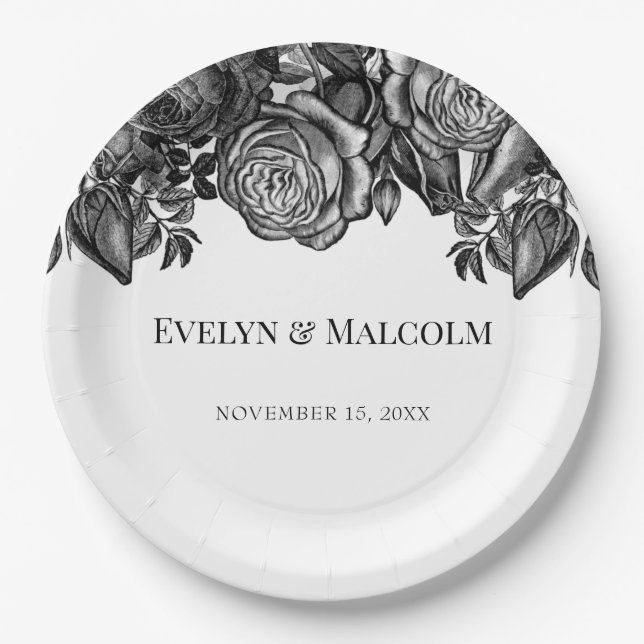 Black and White Roses Gothic Wedding Paper Plate (Front)