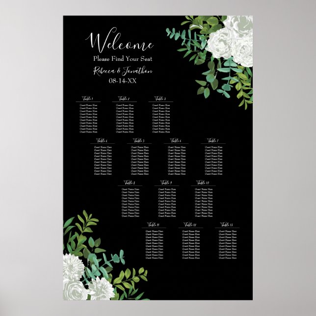 Black and White Roses Gothic Wedding Seating Chart (Front)