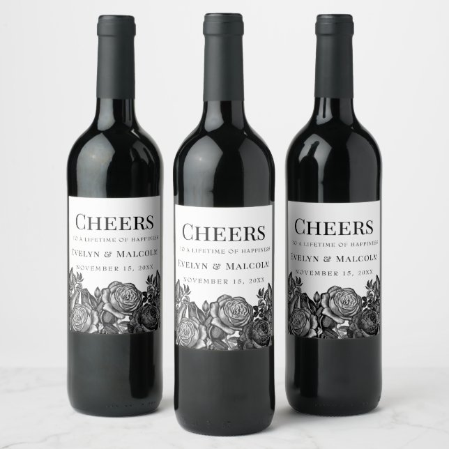 Black and White Roses Gothic Wedding Wine Label (Bottles)