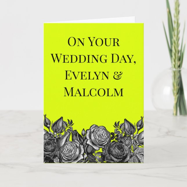 Black and White Roses Lime Green Wedding Card (Front)