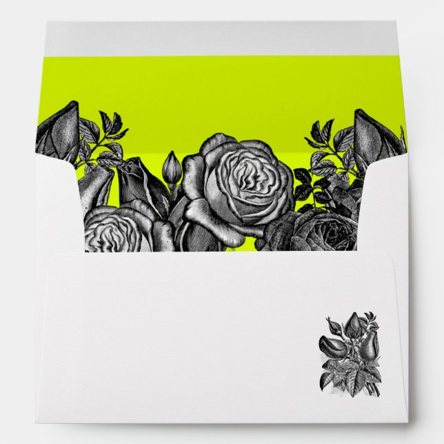Black and White Roses Lime Green Wedding Envelope (Back (Bottom))